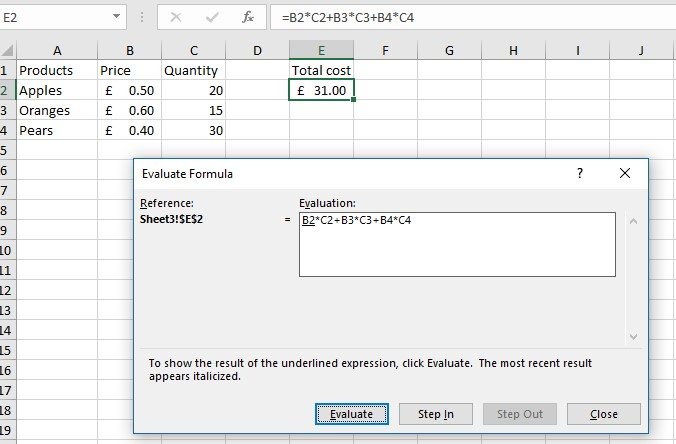 Excel worksheets Evaluating a Formula image